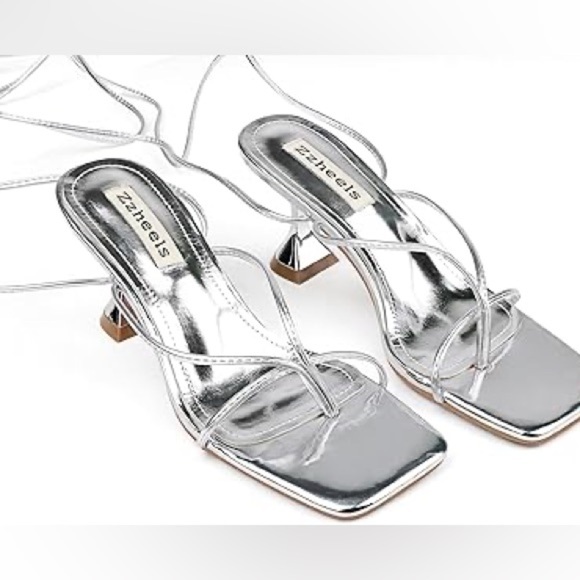 (H5) Zzheels Women's Square Toe Chunky Heel Lace-Up Strappy, Dift./Sizes Silver - Picture 10 of 13